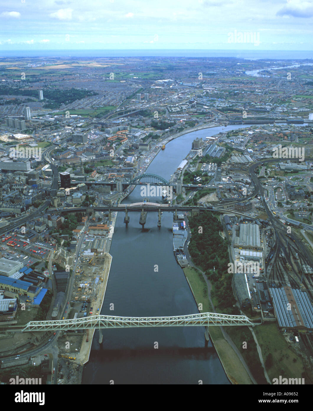 Aerial view towards the North Sea over the River Tyne and Newcastle