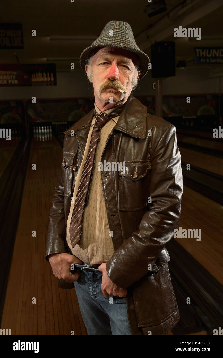 Portrait of Man in Bowling Alley Stock Photo