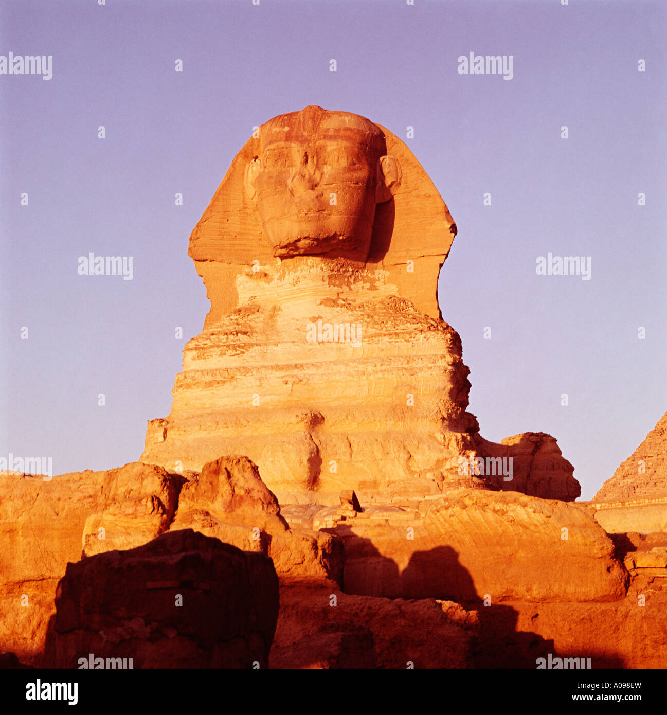 Sunrise at the Sphinx, Cairo, Egypt, North Africa. Front view Stock Photo