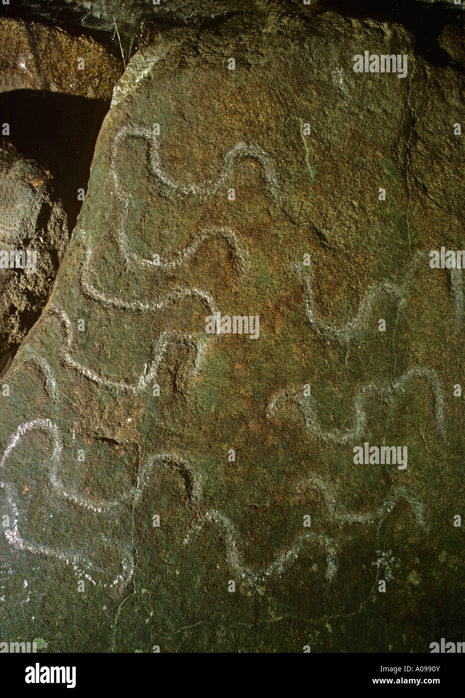 carvings of Yokes in the passage grave Dolmen du Mane Lud near Lochmariaquer east of Carnac Brittany Stock Photo