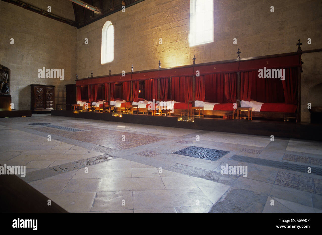 Reconstruction of The Great Hall or poor ward in the Hotel Dieu Medieval hospital in Beaune Stock Photo
