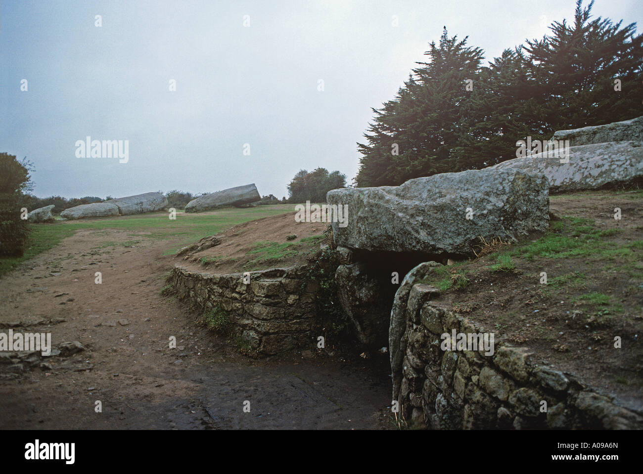 Table des Marchands passage grave 50 metres NE of the fallen Grand Menhir Brise Inside are several engraved stones Stock Photo