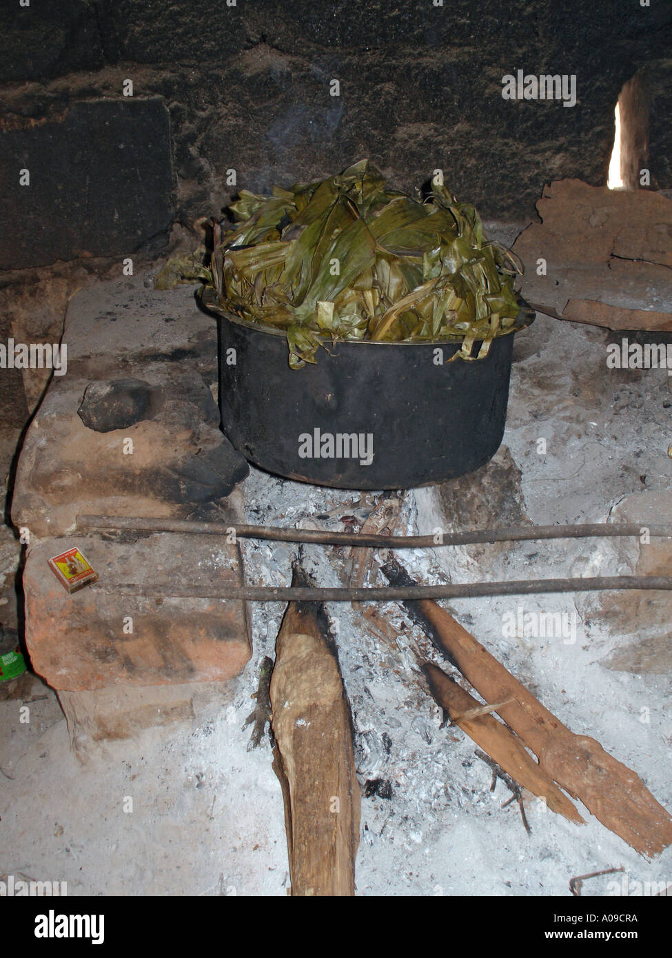 Steaming plantain (matooke) wrapped in banana leaves on firewood Stock Photo