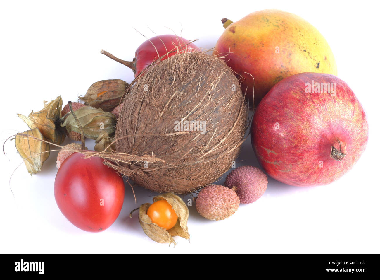 pomegranate, lychee, lichi, Tamarillo, Baumtomate, mango, coconut, Cape Gooseberry, peruvian fround-cherry (Punica granatum, Li Stock Photo