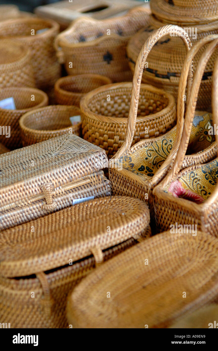 Straw baskets open air shop Candi Dasa Bali Indonesia Stock Photo