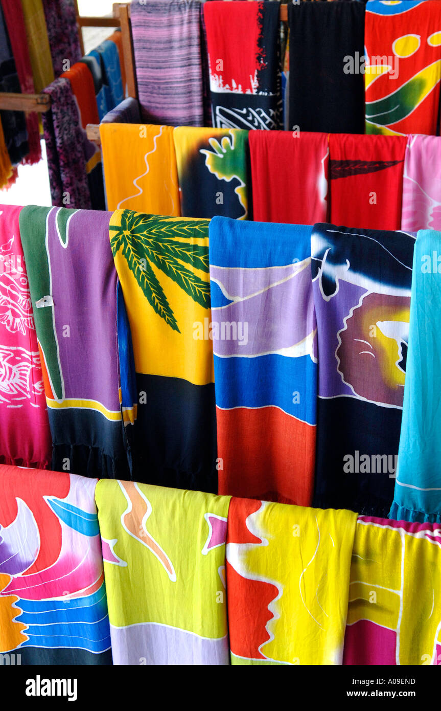 Brightly colored sarongs for sale in market place, Ubud, Bali, Indonesia Stock Photo