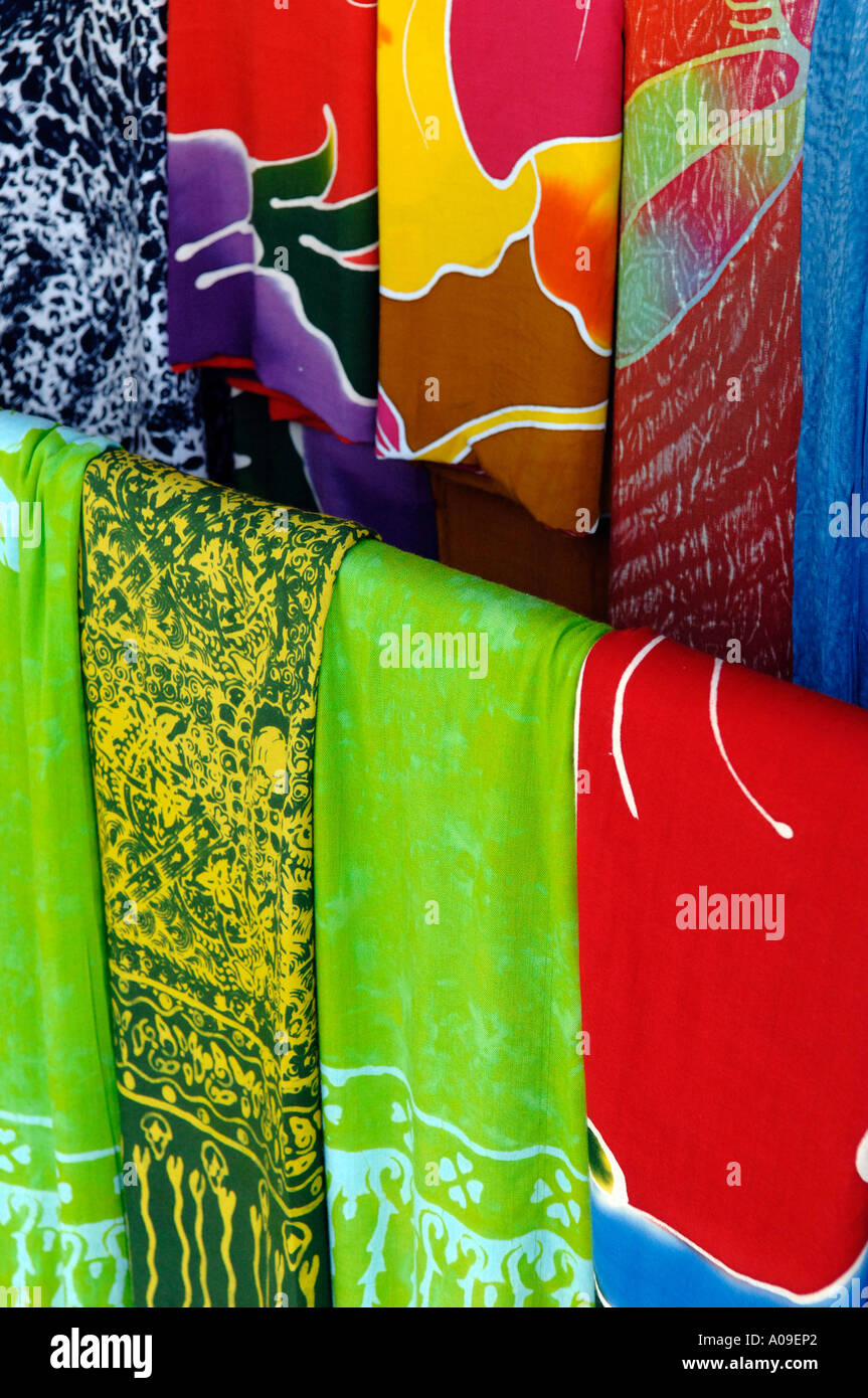 Brightly colored sarongs for sale in market place, Ubud, Bali, Indonesia Stock Photo