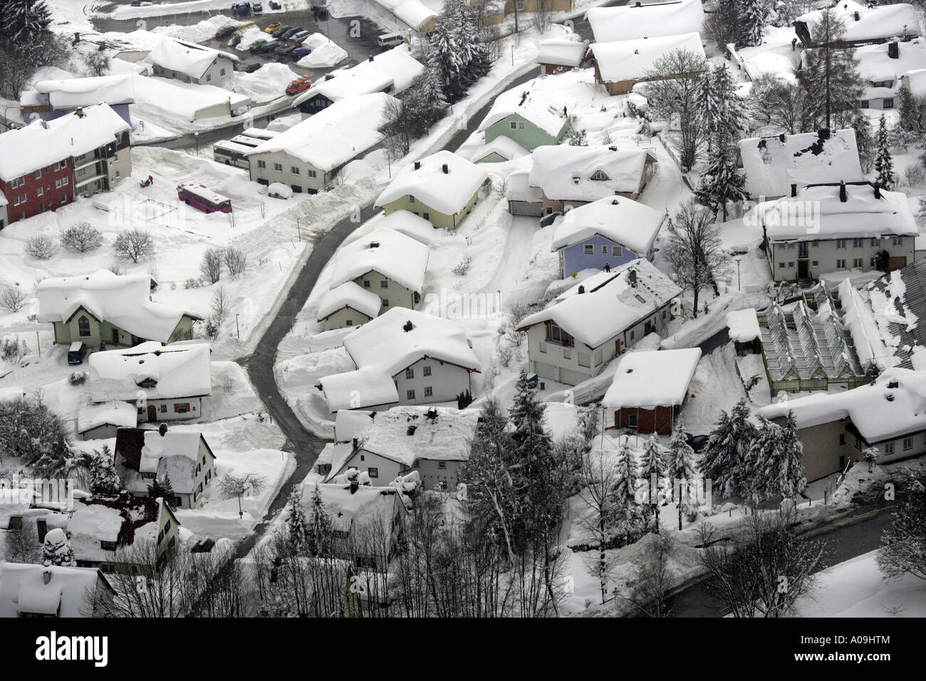 snowcovered settlement area, snow chaos, Germany, Bavaria, Freyung Grafenau Stock Photo
