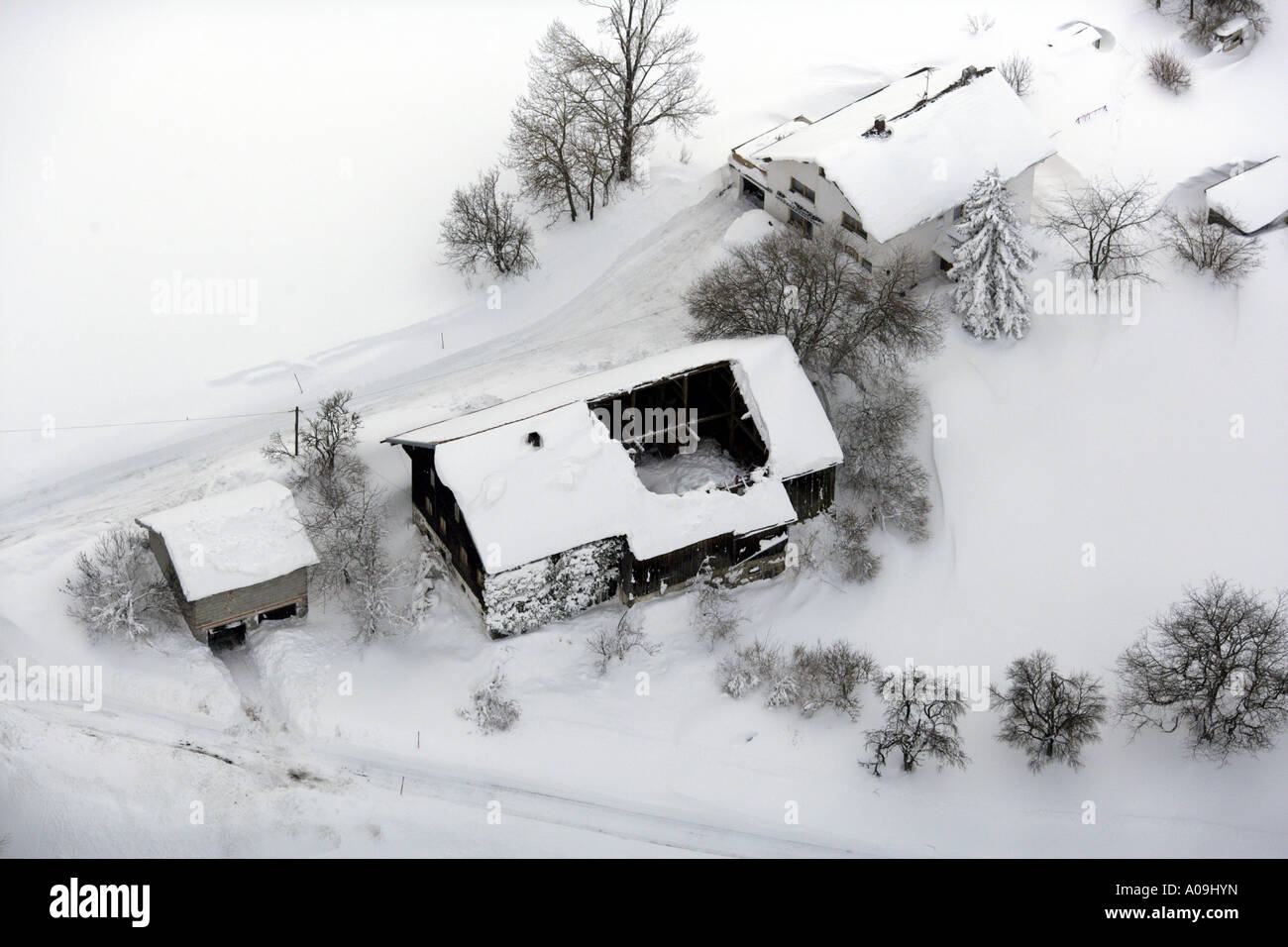 snow chaos, collapsed roof, Germany, Bavaria, Landkreis Freyung Grafenau Stock Photo
