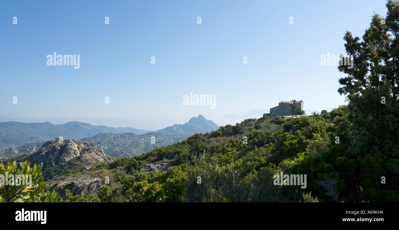 Lone house in the early morning, Desert des Agriates between L'Ile Rousse and St Florent, The Nebbio, North Corsica, France Stock Photo