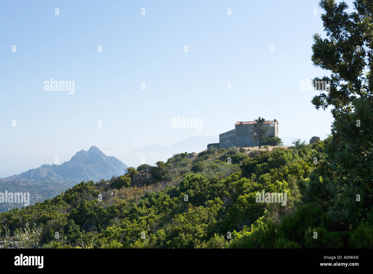 Lone house in the early morning, Desert des Agriates between L'Ile Rousse and St Florent, The Nebbio, North Corsica, France Stock Photo
