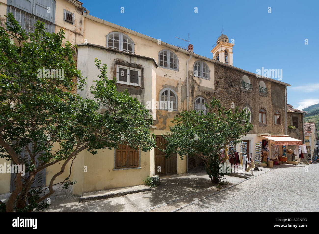 Shops in the Haute Ville (Old Town), Corte, Corsica, France Stock Photo