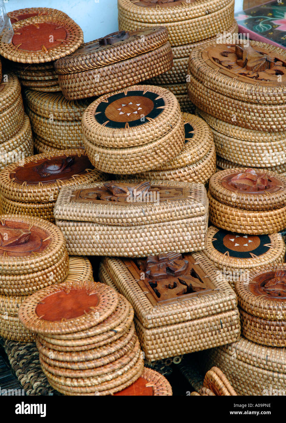 Wicker baskets, market stall Singaraja town, North Bali Indonesia Stock Photo