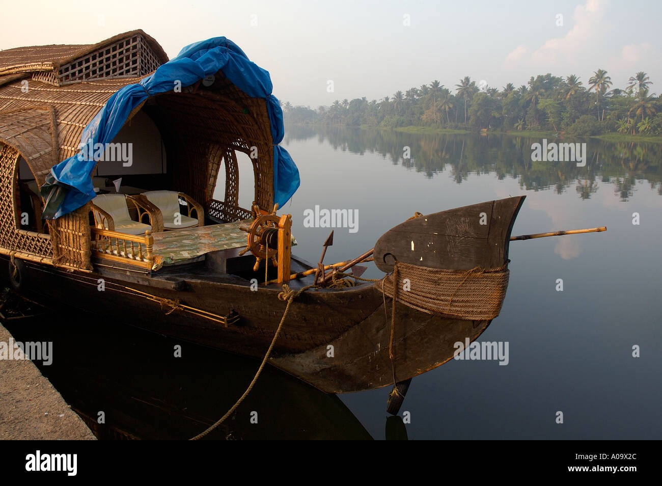 Close up view of bow of a kettuvalam houseboat moored on the backwaters Kerala South India Stock Photo