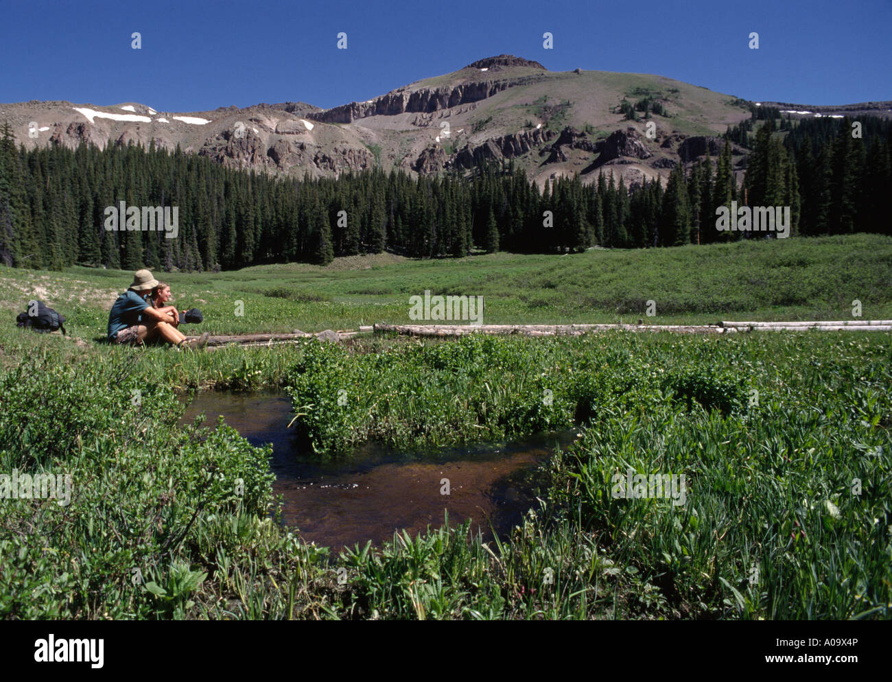 Couple rests in an alpine meadow in the RINCON LA VACA Valley RIO ...