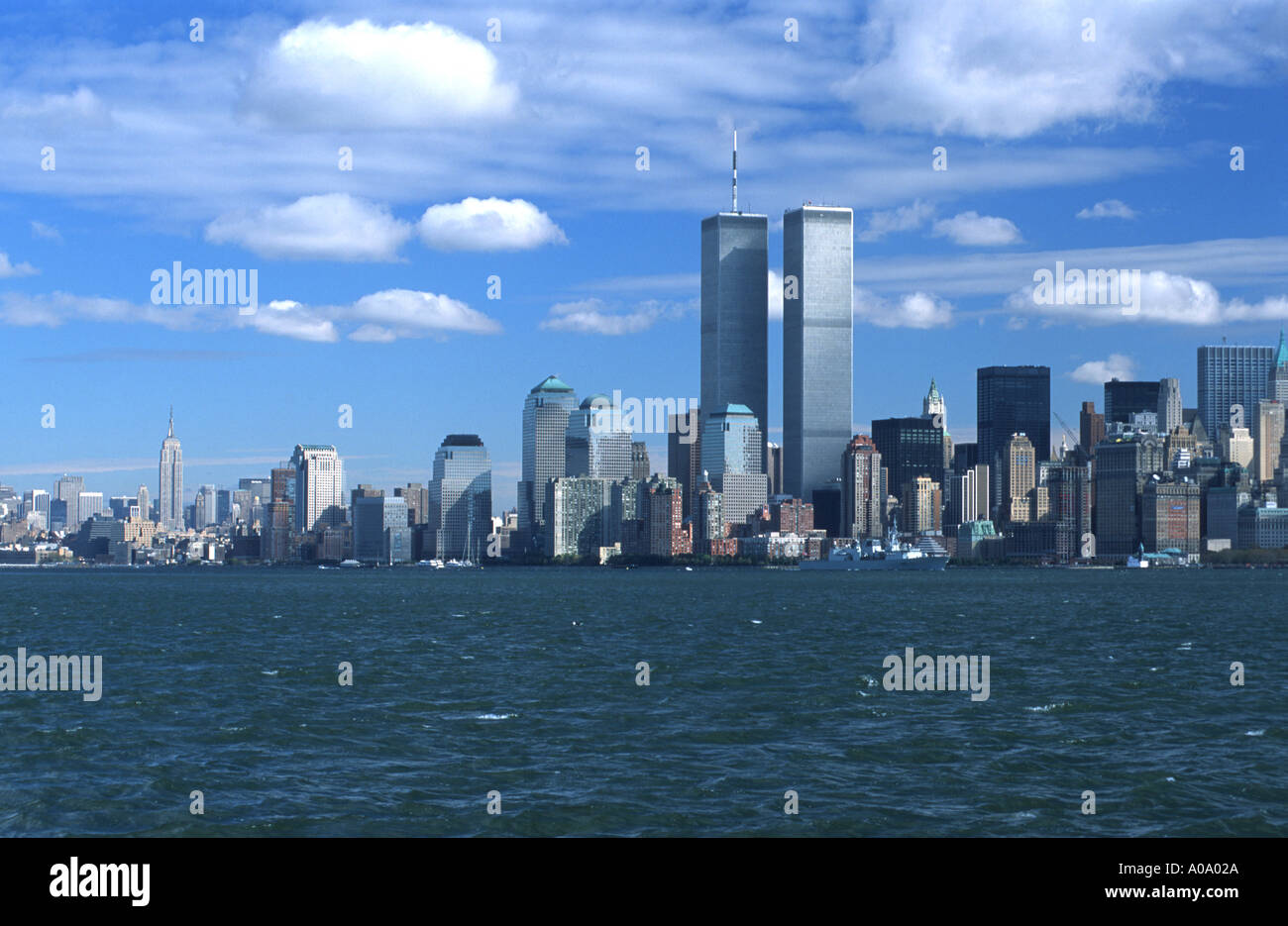 Manhattan skyline with World Trade Center (WTC) from Liberty Island, New York City USA Stock Photo