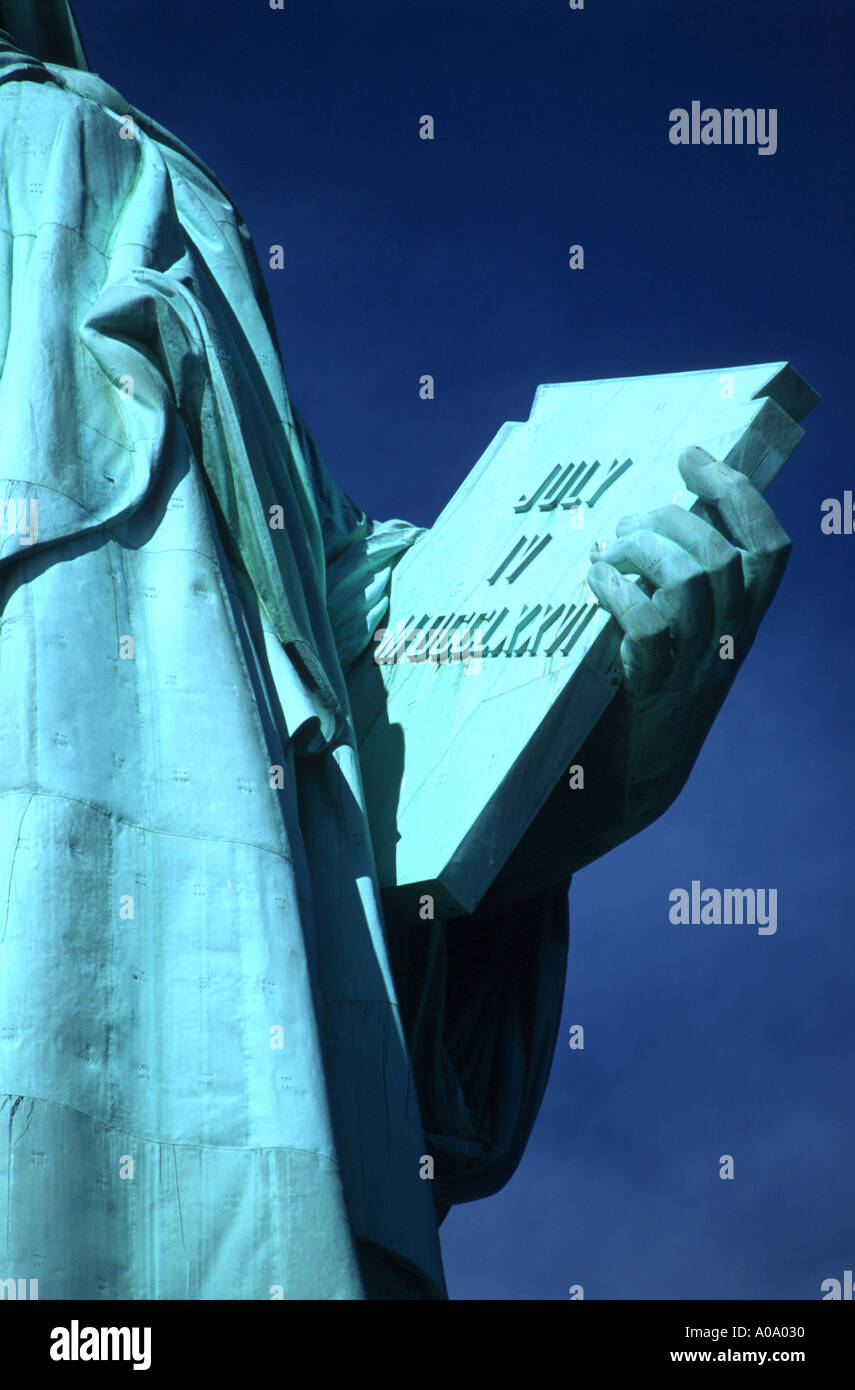 Closeup of Statue of Liberty holding declaration of independence