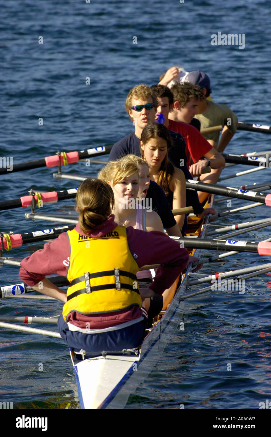 Rowing Coxed eight at Lake Pupuke, North Shore Auckland New Zealand