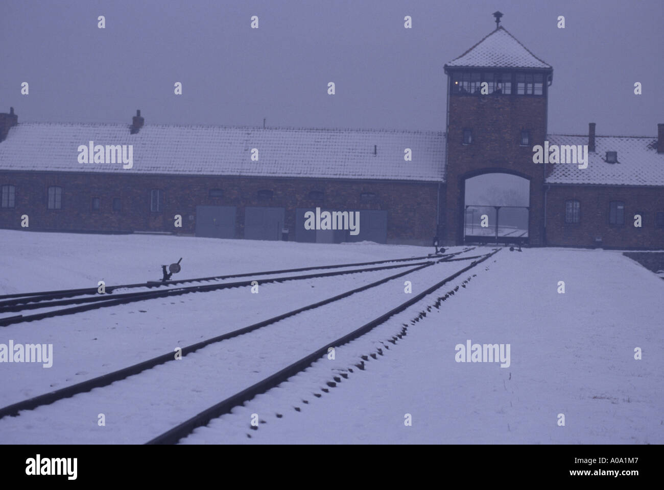 Auschwitz main gate, point of no return, death camp, Birkenau, transport, death transport, train tracks, gas chambers, ovens, SS Stock Photo