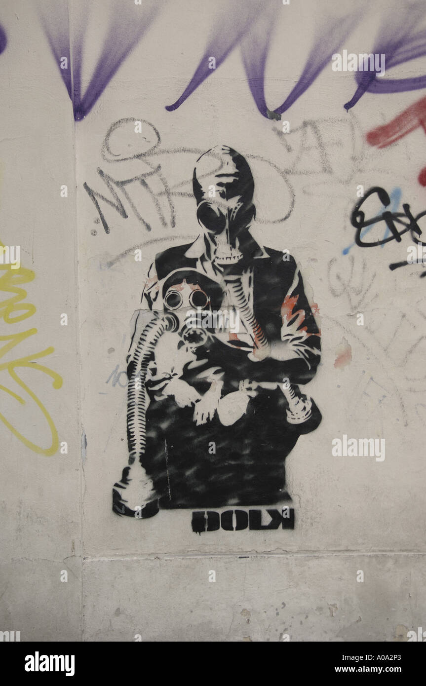 graffiti, man and child in gas masks, Prague, czech Republic, europe, stencil, art, aerosol, spraypaint, wall, vertical, travel, Stock Photo