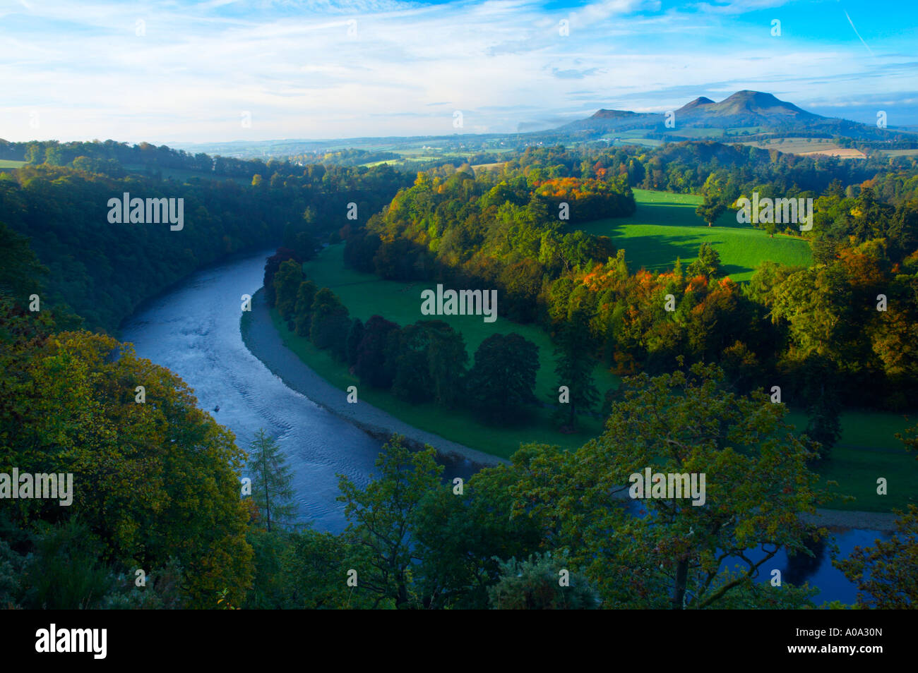 Scotland Scottish Borders Melrose The Eildon Hills and the River Tweed ...