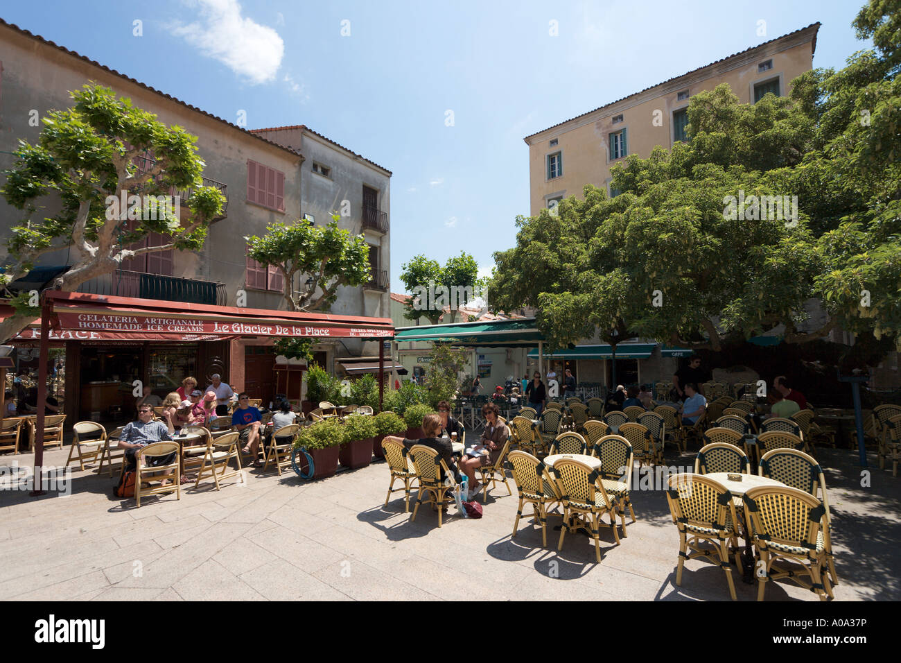 Street cafe in the Place de la Republique (the main square) in the Old Town, Porto Vecchio, Corsica, France Stock Photo