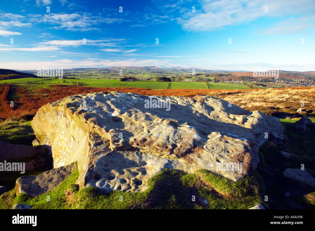 England Northumberland Northumberland National Park Pre historic cup and ring marks rock art on a stone at Lordenshaw Stock Photo