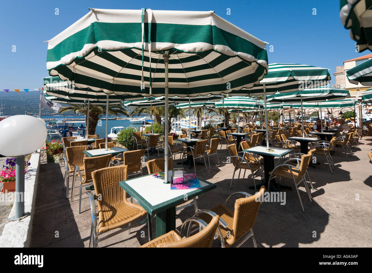 Harbourfront restaurant in Propriano, Gulf of Valinco, Alta Rocca region, Corsica, France Stock Photo