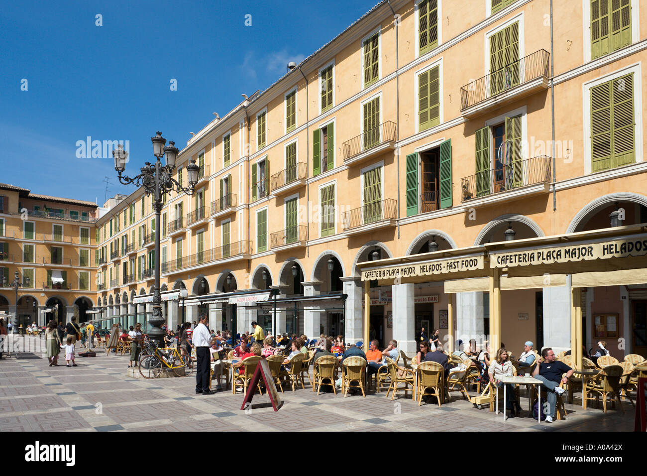 Restaurants and sidewalk cafes in the  Plaza Mayor (Placa Major), Palma, Mallorca, Balearic Islands, Spain Stock Photo