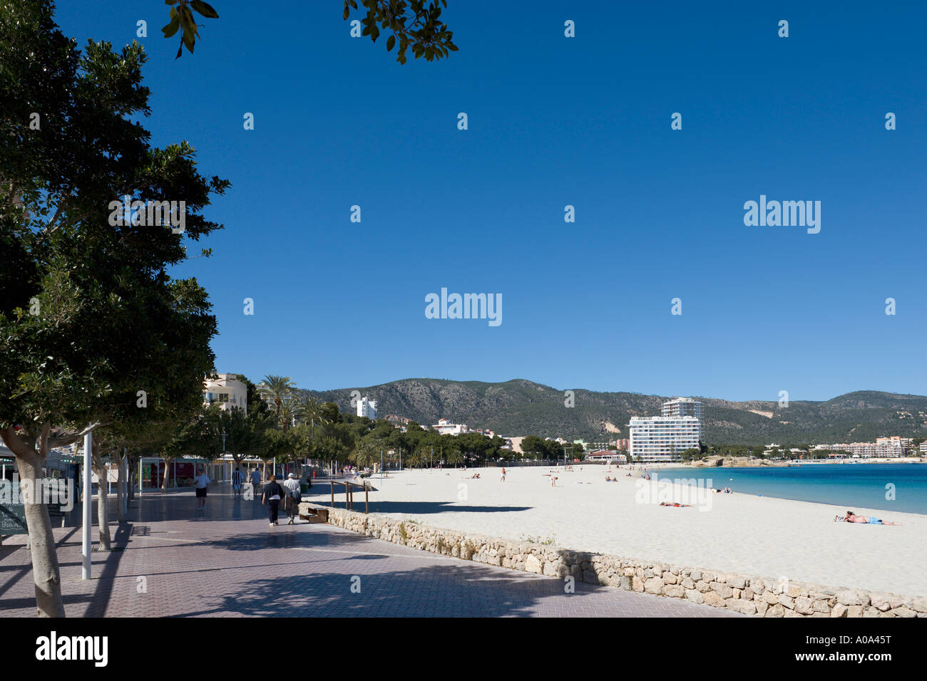 Beach and Promenade in Winter, Palma Nova, Bay of Palma, Mallorca, Balearic Islands, Spain Stock Photo