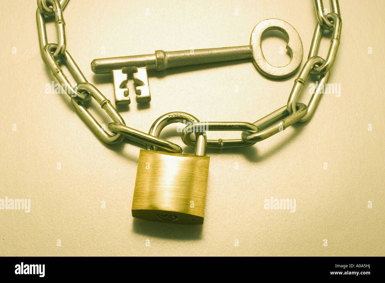 Skeleton Key with Lock and Chain Stock Photo