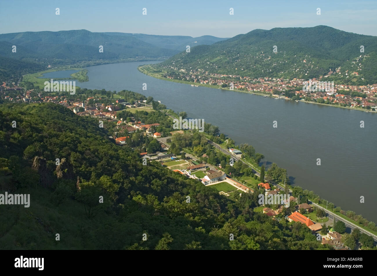 Hungary Visegrad view of Danube Bend from Fellegvar Castle in the Clouds Stock Photo