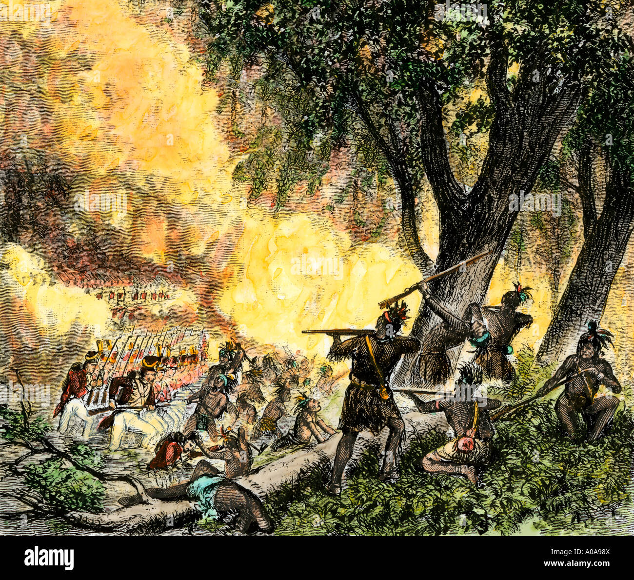 Victory of US General Anthony Wayne at the Battle of Fallen Timbers opening the Ohio Valley for settlers 1794. Hand-colored woodcut Stock Photo