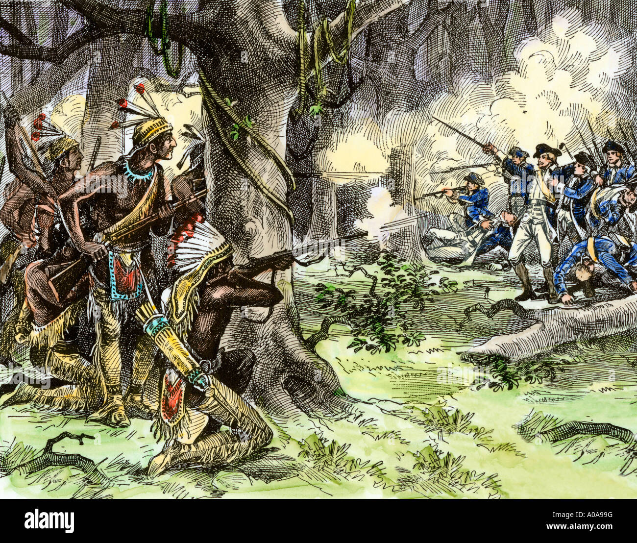 General Josiah Harmar defeated by Miami tribe warriors in the Old Northwest Territory 1790. Hand-colored woodcut Stock Photo