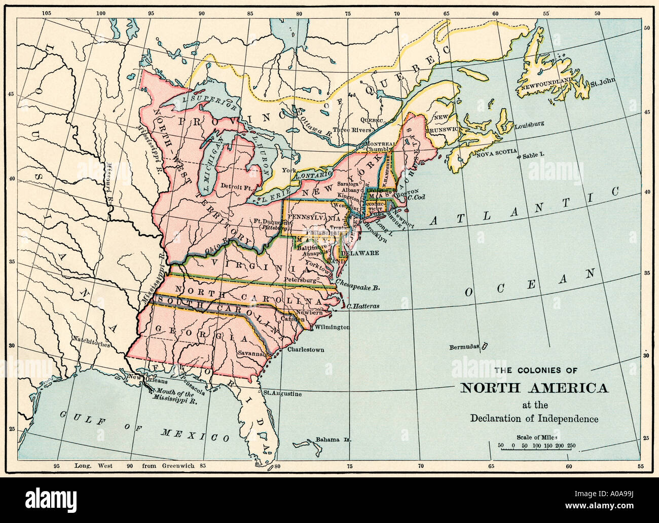 British North American colonies in 1776. Color lithograph Stock Photo