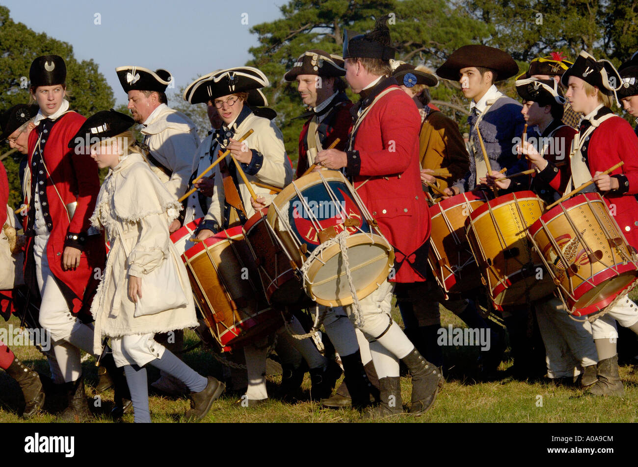 British fife and drum corps marching in a reenactment at Yorktown battlefield Virginia. Digital photograph Stock Photo