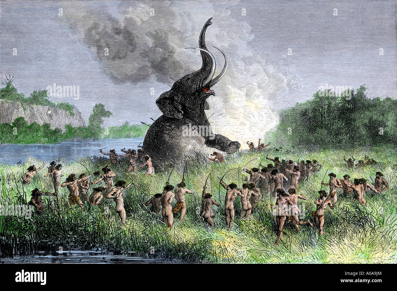 Prehistoric wooly mammoth hunters using bows and arrows. Hand-colored woodcut Stock Photo