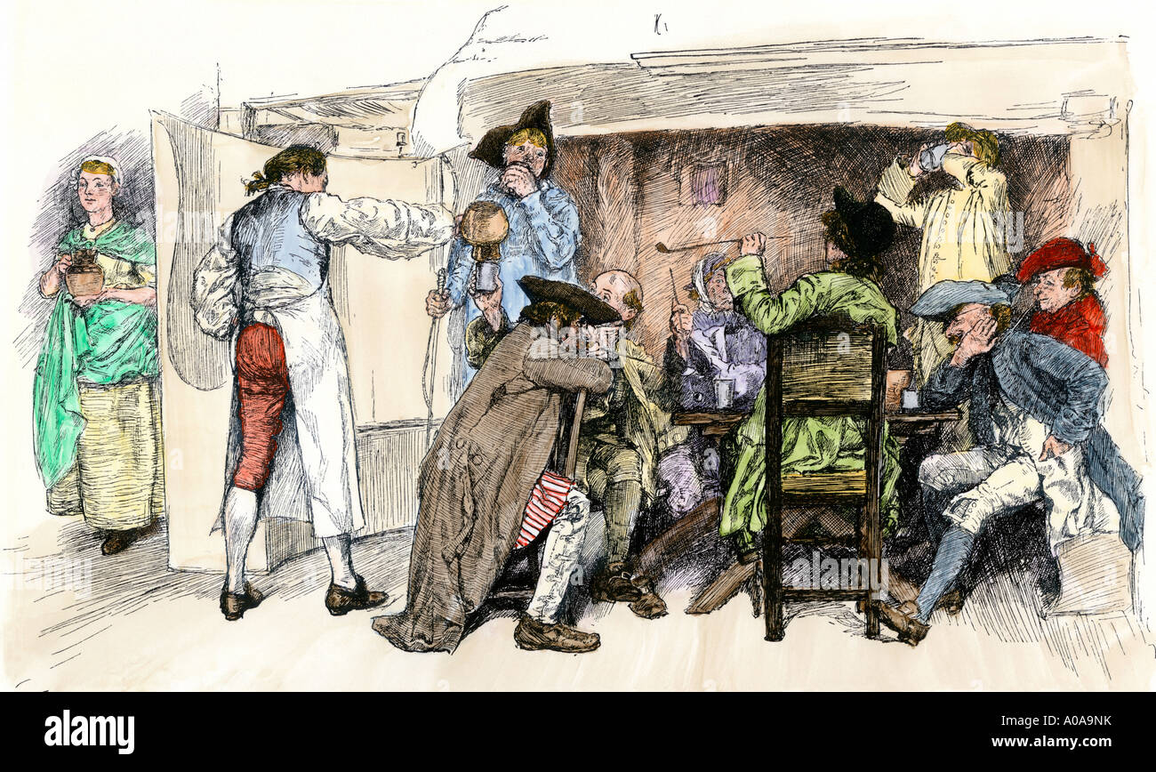 Alehouse scene in the 1700s. Hand-colored woodcut of an E. A. Abbey illustration Stock Photo