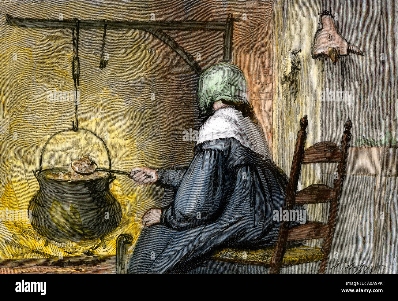 Woman Stirring A Cooking Pot Hanging In A Fireplace Hand Colored