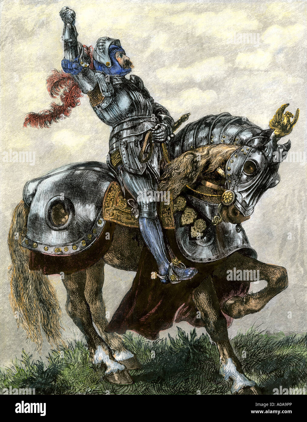 Knight shaking his fist defiantly. Hand-colored woodcut of a John Gilbert painting Stock Photo