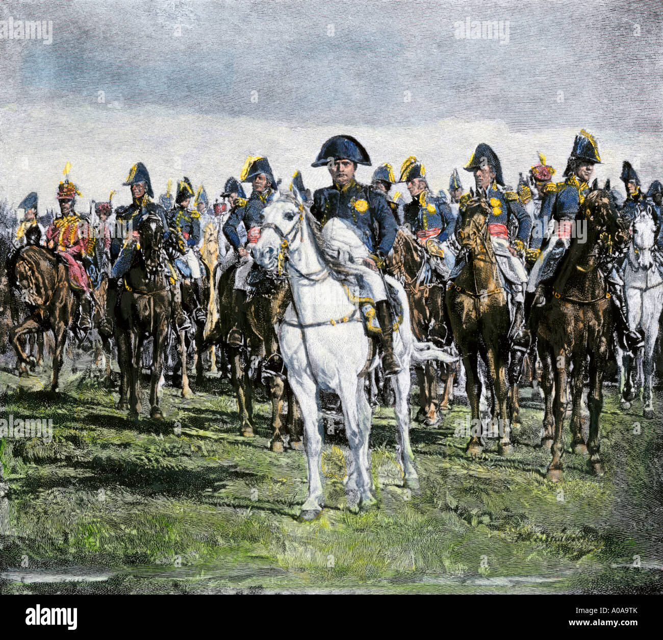 Napoleon and his military staff on the battlefield. Hand-colored halftone of an illustration Stock Photo