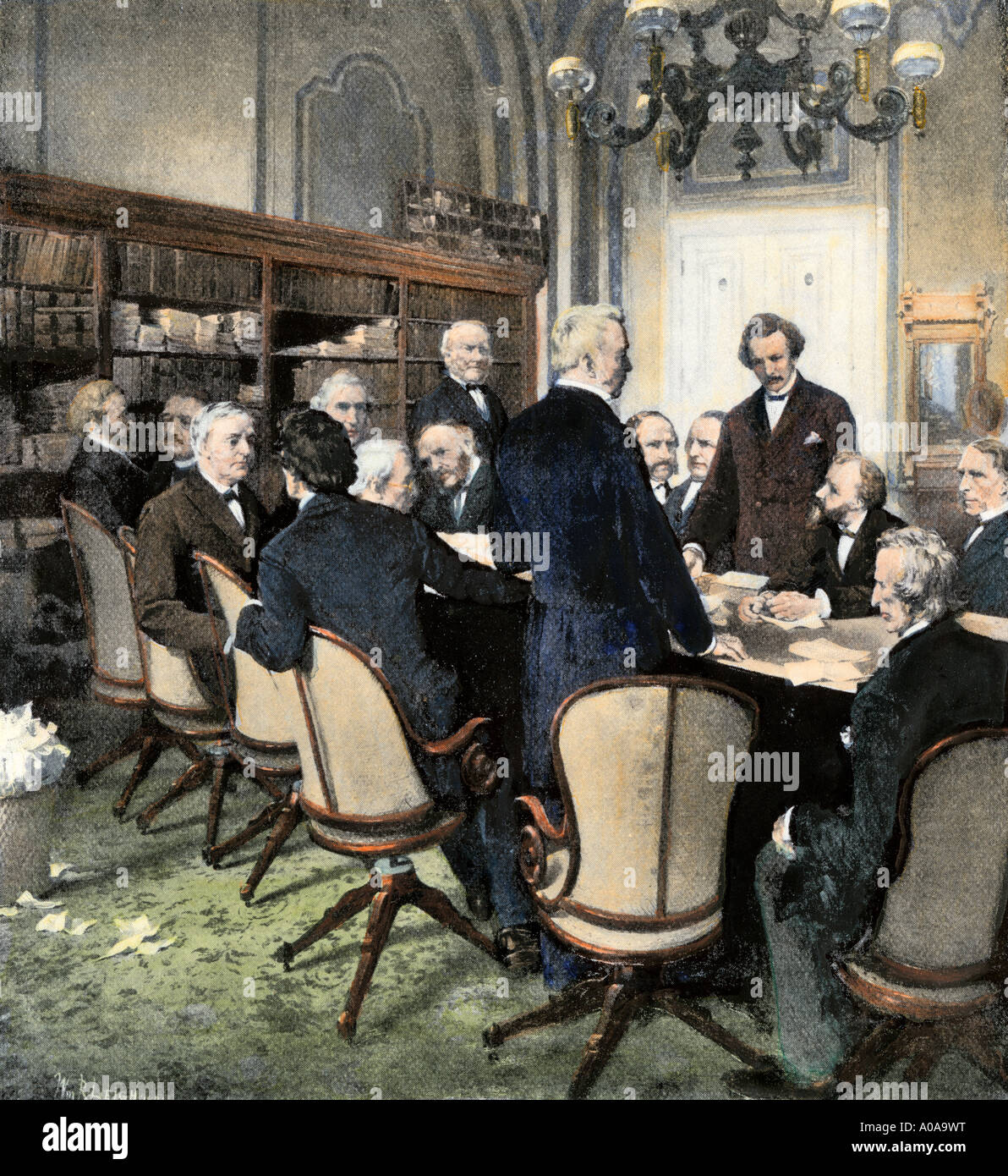 Joint House and Senate Reconstruction Committee creating 14th Amendment under Chairman William Fessenden. Hand-colored halftone of an illustration Stock Photo
