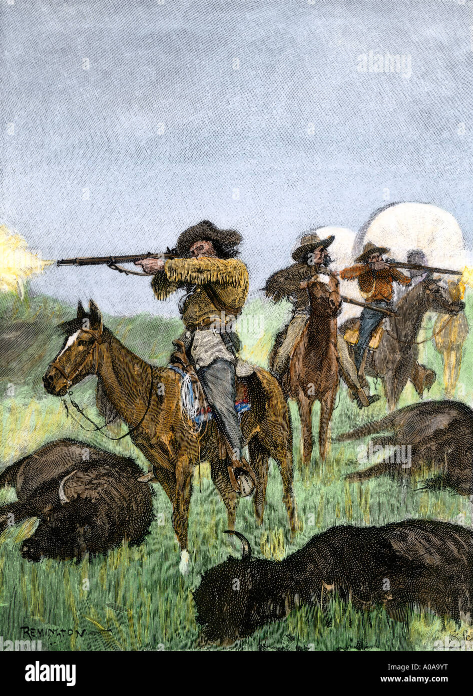 Buffalo hunters accompanying covered wagons on the Oregon Trail 1800s. Hand-colored woodcut of a Frederic Remington illustration Stock Photo