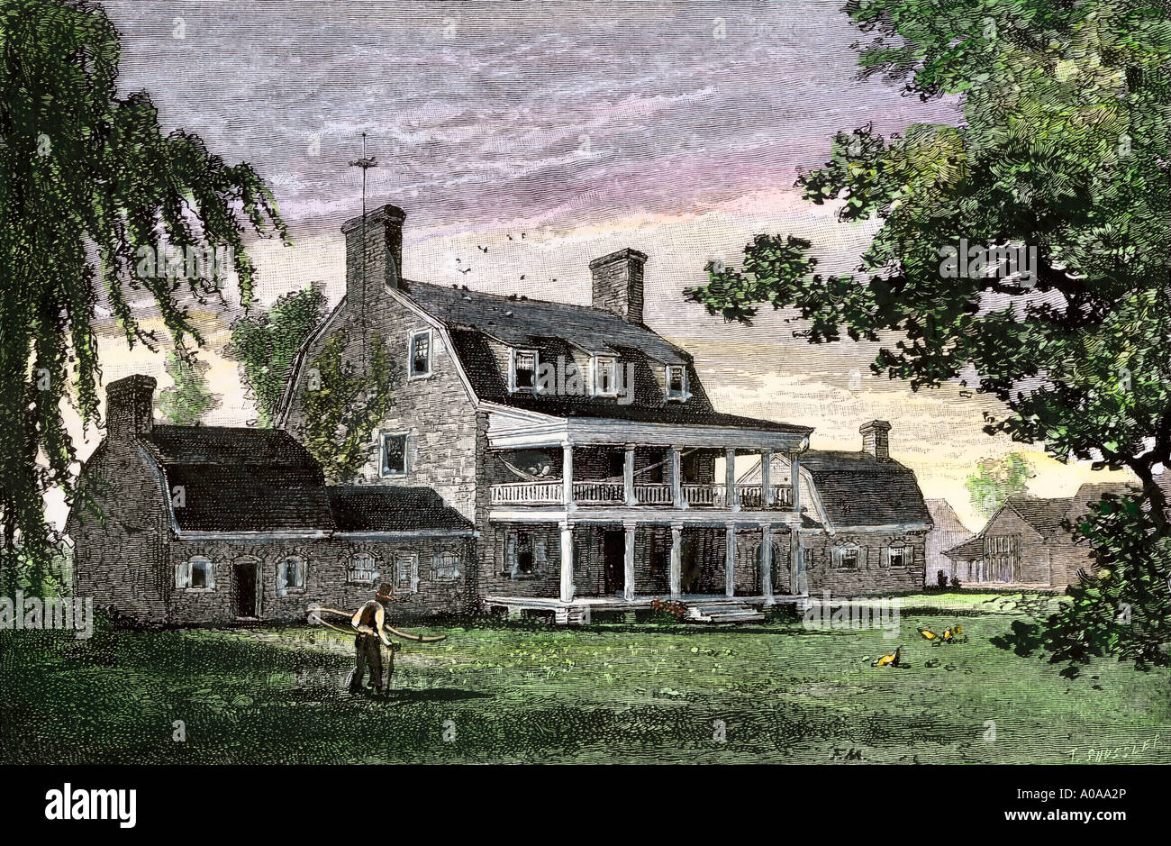 Maryland plantation manor house with outbuildings 1800s. Hand-colored woodcut Stock Photo