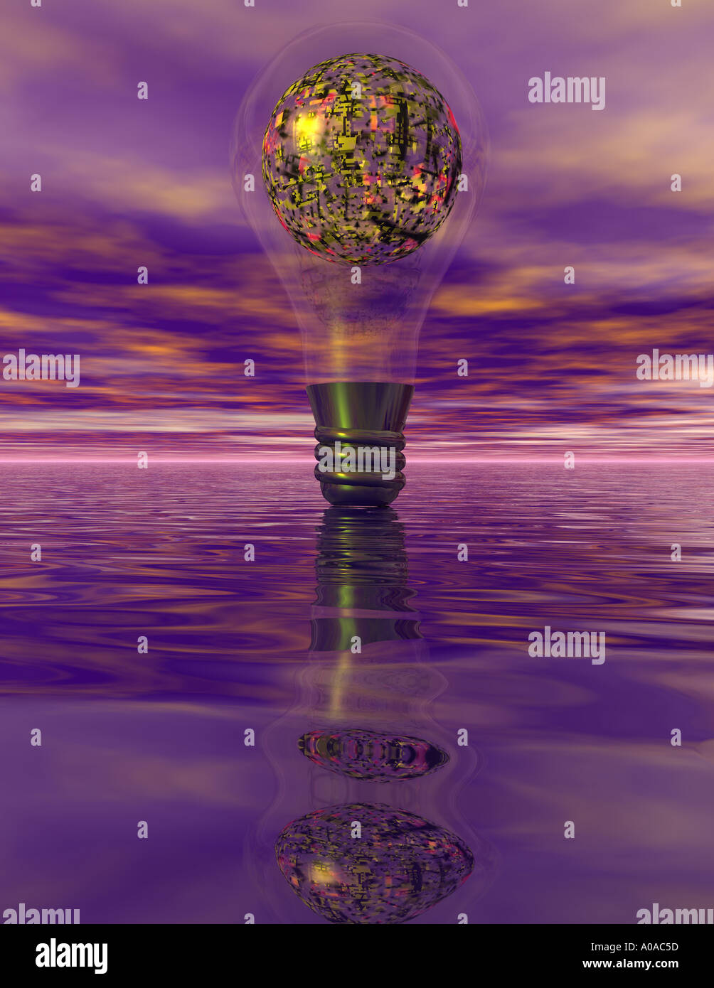 surreal light bulb over purple seascape Stock Photo