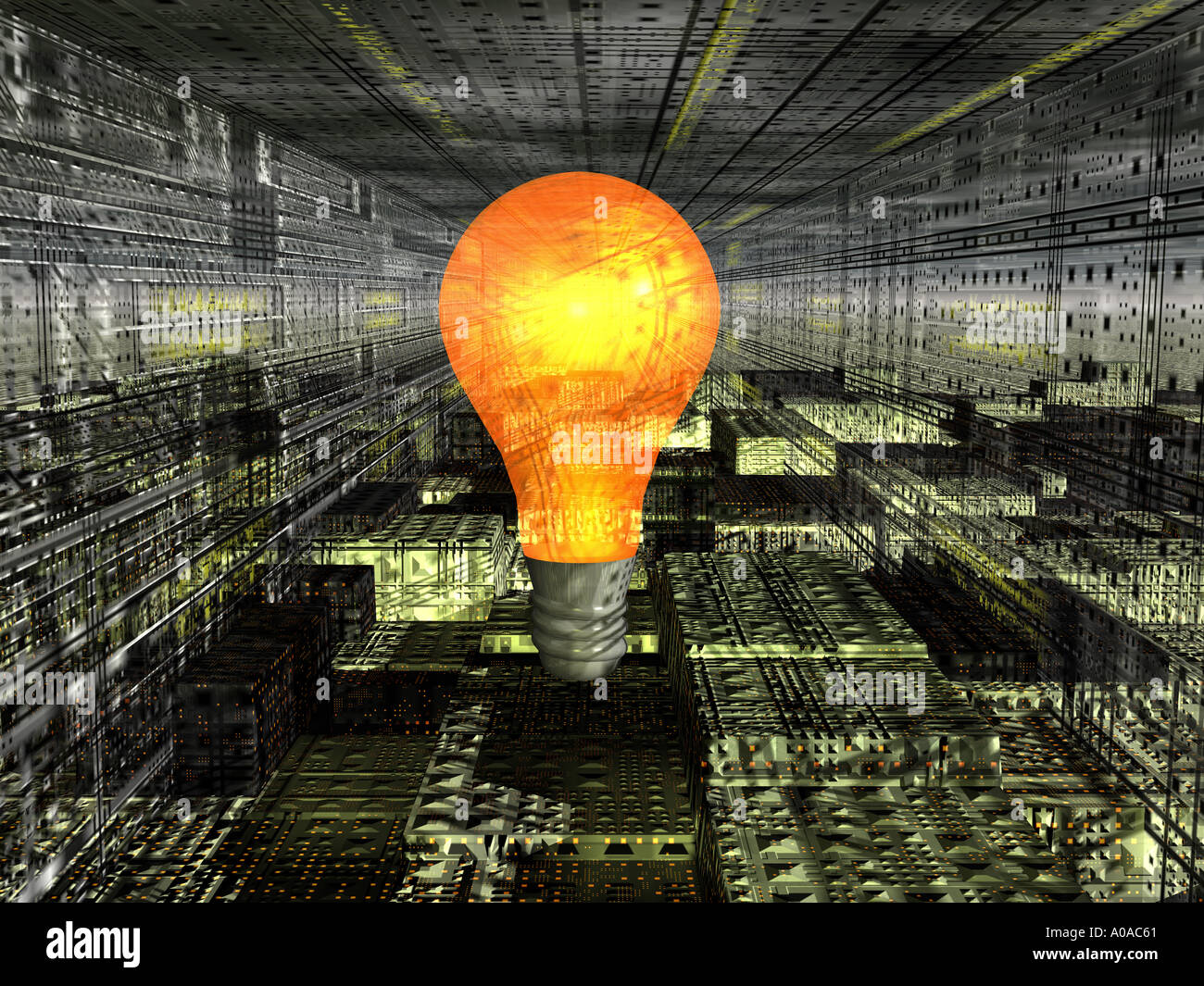 light bulb in industrial sci fi setting Stock Photo