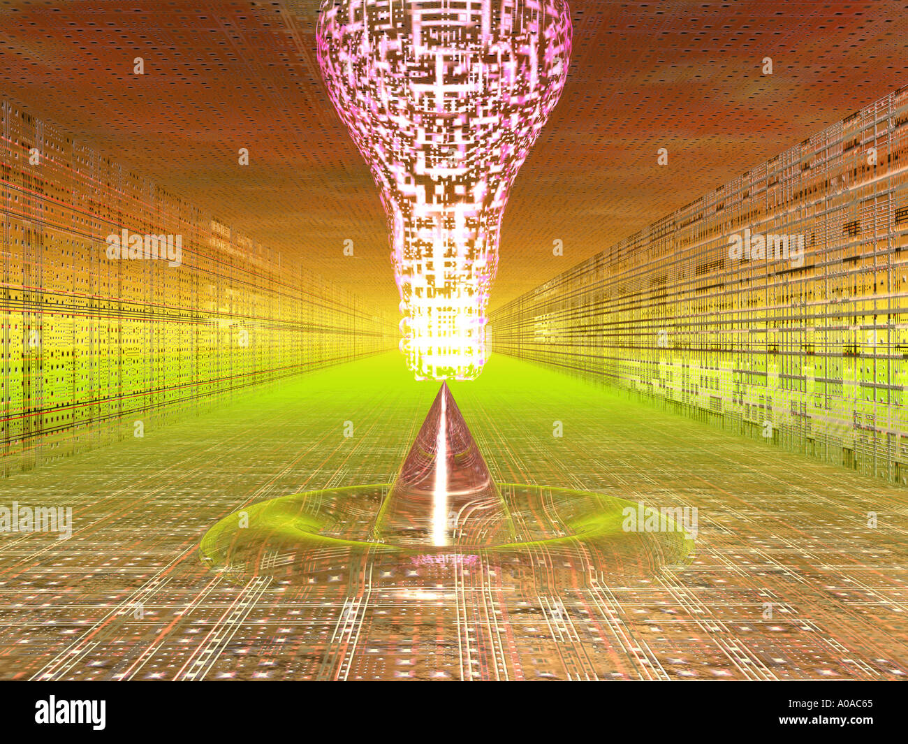 ethereal 3D light bulb in techno setting Stock Photo