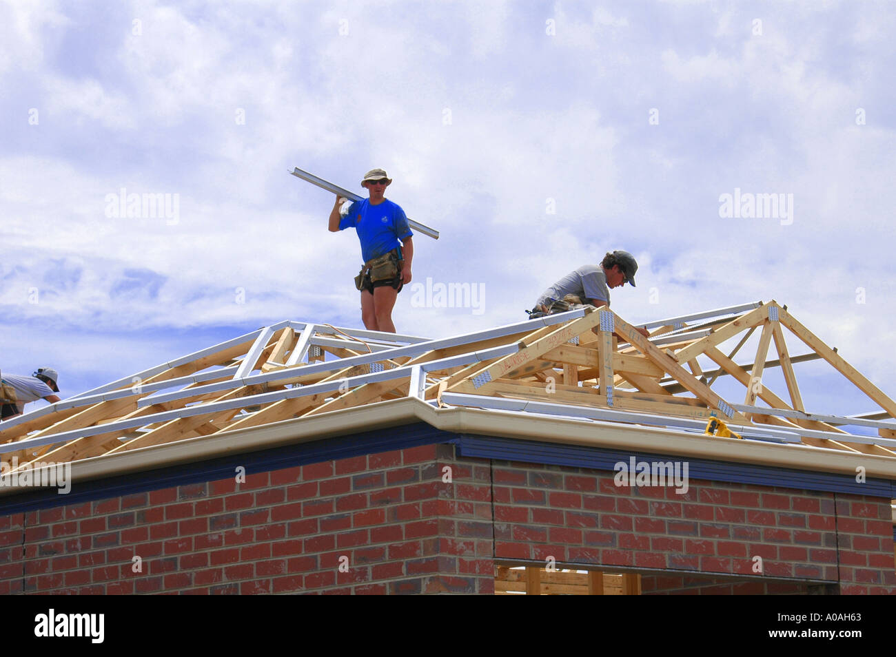 House Builders constructing the roof frame on a new home, Melbourne