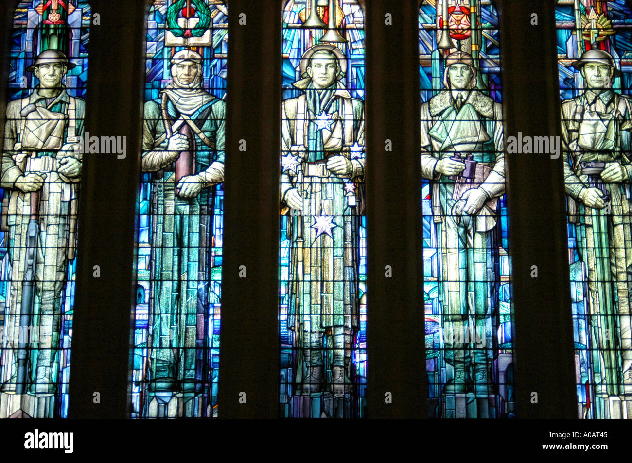 Soldiers depicted in stained glass windows, Australian War Memorial, Canberra, Australia Stock