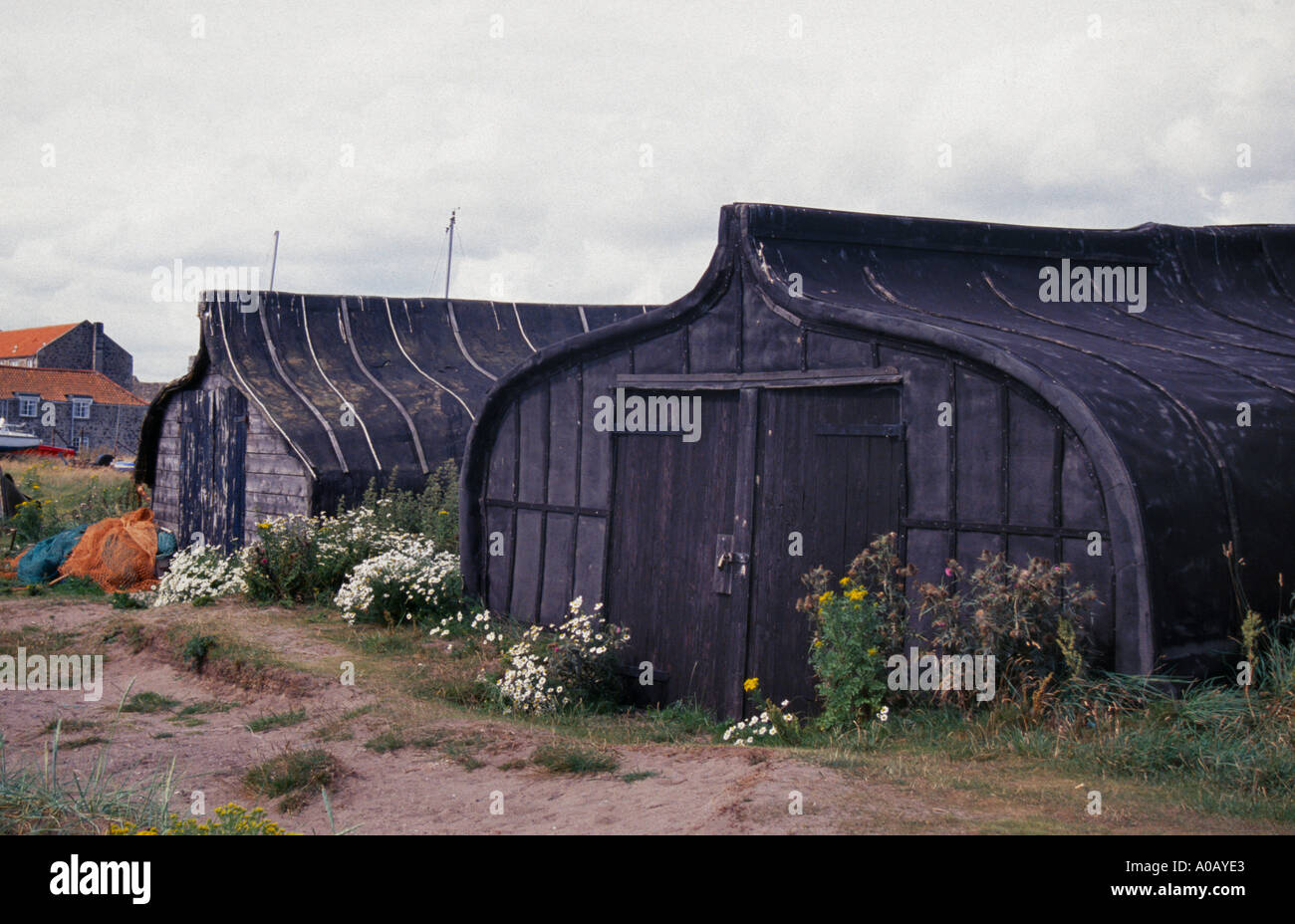 Unusual storage sheds made from upturned boats on Holy Island Northumberland England Stock Photo